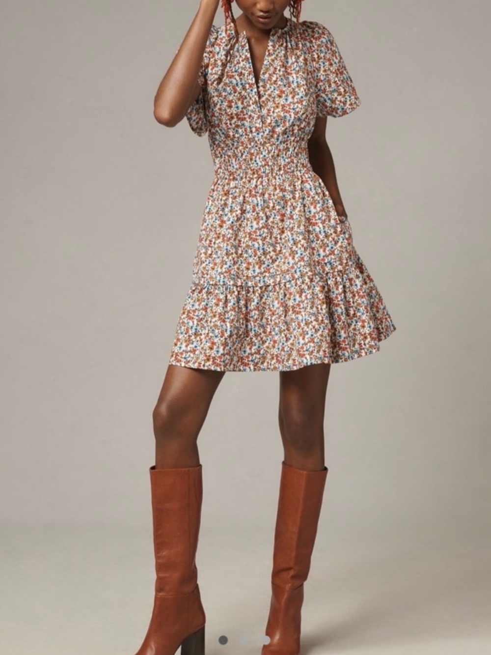 EUC Anthropologie Somerset Smocked Waist Short Sleeve Dress - White Floral